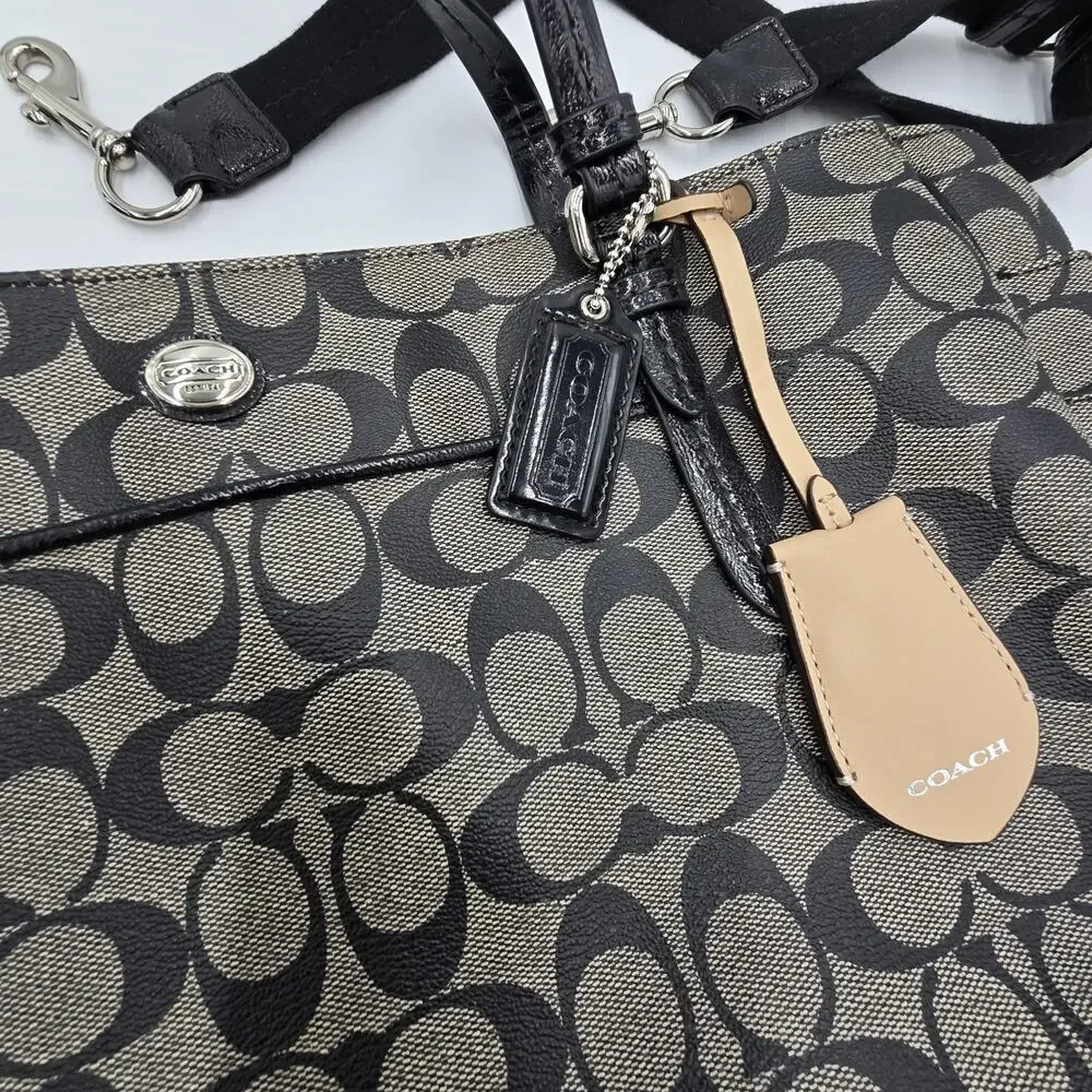 COACH Peyton Black Logo Coated‎ Travel Tote Baby Diaper Bag F25741 Pockets GUC